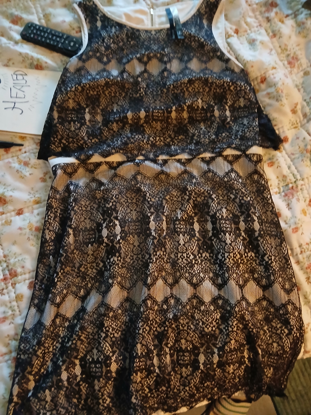 Kensie Black Lace A-Line Skirt with Neutral Underlay